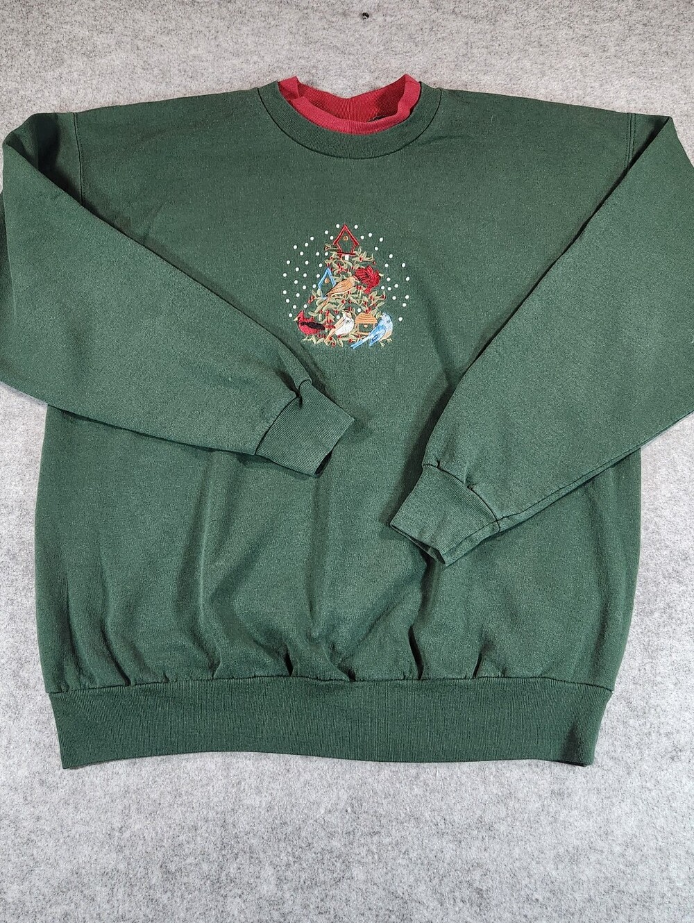 Vintage Forest Green Holiday Crewneck with Red Neck Trim & Cardinals Large